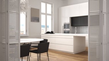 Ahşap detaylar ve parke zemin, yemek masası, beyaz iç tasarım, mimar tasarımcı kavramı, bulanıklık arka plan ile modern beyaz mutfakta beyaz katlanır kapı açılması