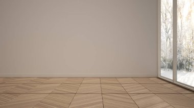 Boş oda iç tasarımı, beyaz duvarlar ve parke ahşap zemin ile açık alan, modern çağdaş mimari, sabah ışığı, panoramik pencereler, kopya alanı ile mock-up