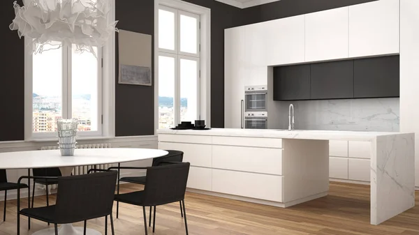 Minimalistische witte en zwarte keuken in klassieke kamer met sierlijsten, parketvloer, eettafel met stoelen, marmeren eiland en panoramische ramen. Modern architectuur interieur — Stockfoto