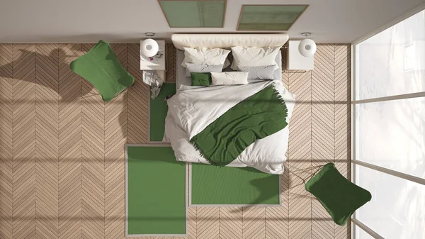 Современная, окрашенная в зеленый цвет минималистская спальня, кровать с подушками и одеялами, паркетный пол, тумбочки, кресло и ковер. Архитектура, концепция интерьера, вид сверху — стоковое фото