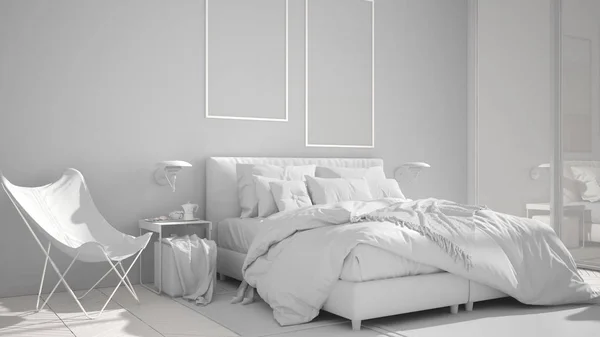 Całkowity biały projekt minimalistycznej sypialni, łóżko z poduszkami i kocami, parkiet, szafki nocne i dywan, duże panoramiczne okno, idea nowoczesnej koncepcji architektury — Zdjęcie stockowe