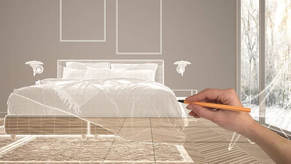 마루 바닥과 큰 파노라마 창, 손으로 그리기 사용자 정의 건축 디자인, 흰색 잉크 스케치, 현대적인 침실을 보여주는 청사진빈 흰색 인테리어 — 스톡 사진