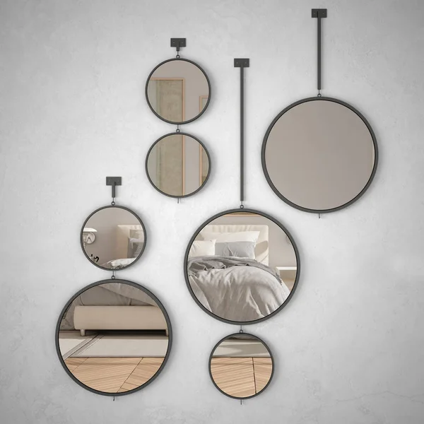 인테리어 디자인 장면, 미니멀 한 흰색 침실, 현대 건축 개념 아이디어를 반영 벽에 매달려 둥근 거울 — 스톡 사진