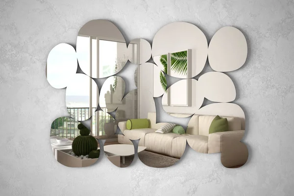 Modern mirror in the shape of pebbles hanging on the wall reflecting interior design scene, bright white and wooden living room, minimalist architect designer concept idea