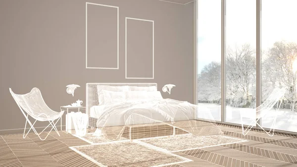 Leer weißer Innenraum mit Parkettboden und großen Panoramafenstern, maßgeschneidertes Architekturdesign-Projekt, weiße Tuschskizze, Blaupause für eine moderne Schlafzimmereinrichtung — Stockfoto