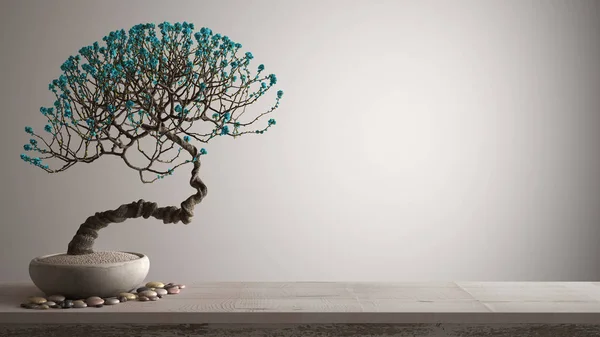 Zabytkowe drewniane półki stołowe z Pebble i doniczkowe kwitnąć bonsai, niebieskie kwiaty, białe tło z kopią przestrzeni, Zen koncepcji wnętrz — Zdjęcie stockowe