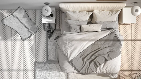 Arkitekt inredningsdesign koncept: ofullbordat projekt som blir verkligt, minimalistiskt sovrum, säng med kuddar och filtar, parkett, sängbord och matta, uppifrån och — Stockfoto