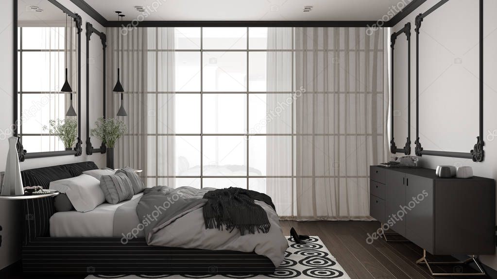 Modern white and gray bedroom in classic room with wall moldings, parquet, double bed with duvet and pillows, minimalist bedside tables, mirror and decors. Interior design concept