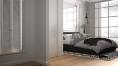 Bulanıklık arka plan iç tasarım: duvar pervazları ile klasik odada modern yatak odası, parke, yorgan ve yastık, ayna ve dekorlar, mimari kavramı ile çift kişilik yatak