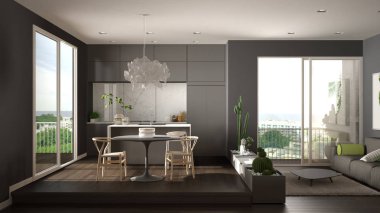 Eko yeşil iç tasarım, kanepe ile gri oturma odası, yemek masası ile mutfak, sulu saksı bitkileri, parke zemin, pencere, panoramik balkon. Sürdürülebilir mimari