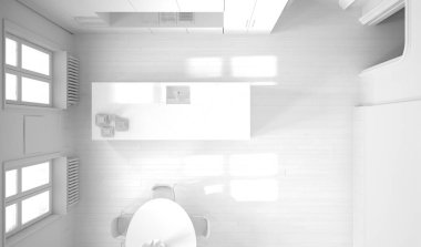 Klasik oda minimalist mutfak toplam beyaz proje taslağı, parke zemin, yemek masası, sandalyeler, ada ve panoramik pencereler, modern mimari konsept fikir, üst görünümü