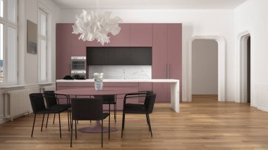 Minimalist kırmızı ve siyah mutfak klasik odada kalıplar, parke zemin, sandalye, mermer ada ve panoramik pencereler ile yemek masası. Modern mimari iç tasarım