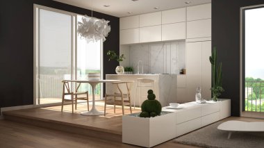 Eko yeşil iç tasarım, kanepe ile beyaz ve gri oturma odası, yemek masası ile mutfak, lezzetli saksı bitkileri, parke zemin, pencere, panoramik balkon. Sürdürülebilir mimari