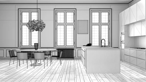Unfinished project of minimalist kitchen in classic room, parquet floor, dining table, chairs, island and panoramic windows, modern architecture concept idea