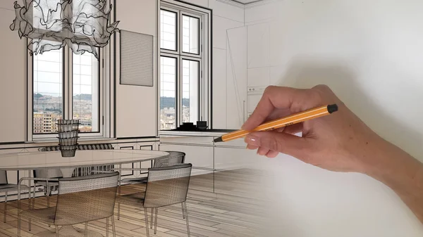 Architect interieur ontwerper concept: hand tekenen van een ontwerp interieurproject schets terwijl de ruimte wordt echt, moderne keuken met eettafel, architectuur interieur design idee — Stockfoto