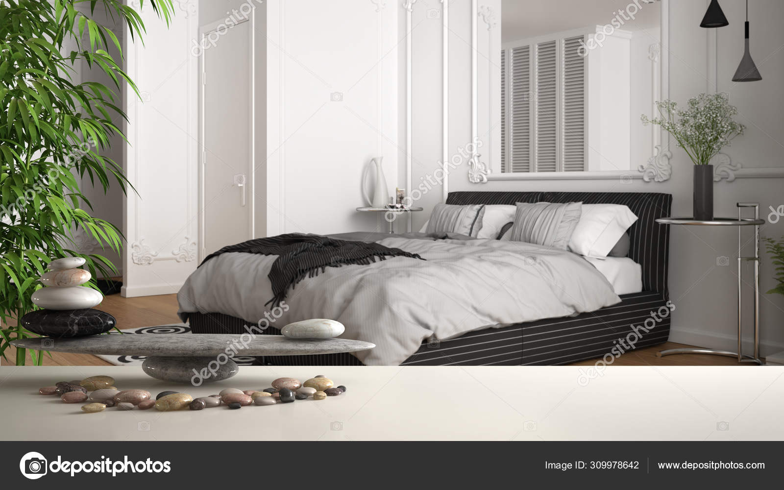 White Table Shelf With Pebble Balance And 3d Letters Making