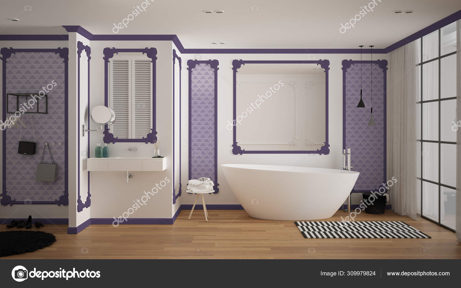Moderno banheiro branco e roxo no quarto clássico, molduras de parede, piso  em parquet, banheira com tapete e acessórios, pia minimalista e decorações,  lâmpadas pingente. Conceito de design de interiores — Foto ©, image size:1600x1000