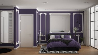 Duvar pervazları, parke, yorgan ve yastık, minimalist başucu masaları, ayna ve dekorlar ile klasik odada Modern mor renkli yatak odası. İç tasarım konsepti