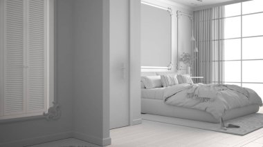 Duvar pervazları, parke, yorgan ve yastık, ayna ve dekorlar, iç tasarım mimari kavramı ile klasik odada modern yatak toplam beyaz proje taslağı