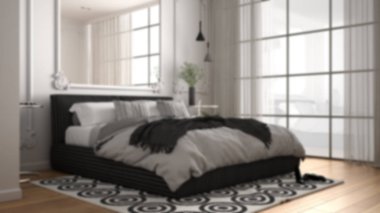 Bulanıklık arka plan iç tasarım: duvar pervazları ile klasik odada modern yatak odası, parke, yorgan ve yastık, ayna ve dekorlar, mimari kavramı ile çift kişilik yatak