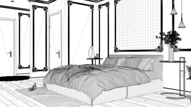 Blueprint proje taslak, duvar pervazları ile klasik odada modern yatak odası, parke, yorgan ve yastık, ayna ve dekorlar, iç tasarım mimari kavramı ile çift kişilik yatak