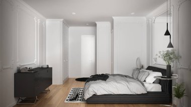 Duvar pervazları, parke zemin, yorgan ve yastık, minimalist başucu masaları, ayna ve dekorlar ile çift kişilik yatak ile klasik odada Modern beyaz yatak odası. İç tasarım konsepti