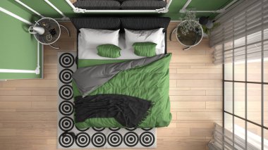 Duvar pervazları, parke zemin, yorgan ve yastık, başucu masaları, ayna ve dekorlar ile klasik odada Modern yeşil renkli yatak odası. İç tasarım konsepti, üst görünüm