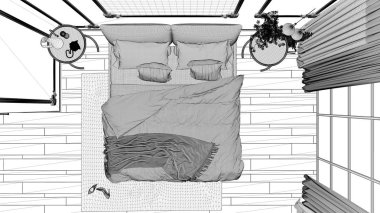 Blueprint proje taslak, duvar pervazları ile klasik odada modern yatak odası, parke, yorgan ve yastık, ayna ve dekorlar, iç tasarım konsepti, üst görünüm, plan ile çift kişilik yatak