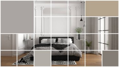 Metin için kopyalama alanı ile geometrik kare mozaik grafik etkisi, sunum şablonu, mockup fikir, çift kişilik yatak ile klasik lüks yatak odası, parke zemin, konsept iç tasarım