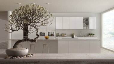 Çakıl ve saksı çiçek bonsai, beyaz çiçekler, minimalist beyaz ve ahşap mutfak, modern iç tasarım, zen temiz mimari konsept fikir üzerinde Vintage ahşap masa raf