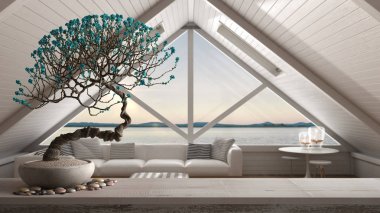 Çakıl ve saksı çiçek bonsai, beyaz çiçekler, kanepe ile panoramik oturma odası üzerinde Vintage ahşap masa raf, modern iç tasarım, zen temiz mimari konsept fikir