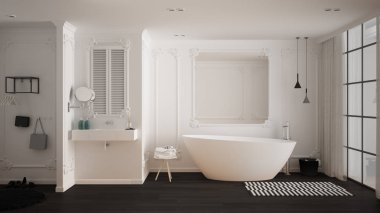 Klasik odada modern beyaz ve gri banyo, duvar pervazları, parke zemin, halı ve aksesuarları ile küvet, minimalist lavabo ve dekorlar, kolye lambaları. İç tasarım konsepti
