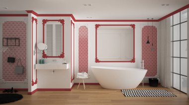 Klasik odada modern beyaz ve kırmızı banyo, duvar pervazları, parke zemin, halı ve aksesuarları ile küvet, minimalist lavabo ve dekorlar, kolye lambaları. İç tasarım konsepti
