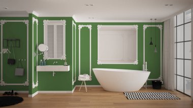 Klasik odada modern beyaz ve yeşil banyo, duvar pervazları, parke zemin, halı ve aksesuarları ile küvet, minimalist lavabo ve dekorlar, kolye lambaları. İç tasarım konsepti
