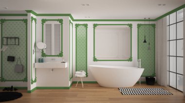 Klasik odada modern beyaz ve yeşil banyo, duvar pervazları, parke zemin, halı ve aksesuarları ile küvet, minimalist lavabo ve dekorlar, kolye lambaları. İç tasarım konsepti