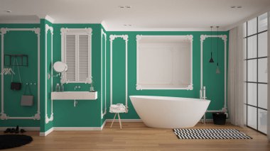 Klasik odada modern beyaz ve turkuaz banyo, duvar pervazları, parke, halı ve aksesuarları ile küvet, minimalist lavabo ve dekorlar, kolye lambaları. İç tasarım konsepti