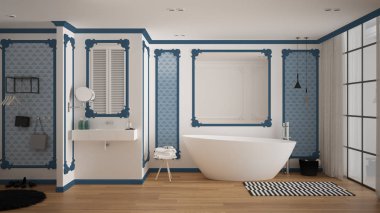 Klasik odada modern beyaz ve mavi banyo, duvar pervazları, parke zemin, halı ve aksesuarları ile küvet, minimalist lavabo ve dekorlar, kolye lambaları. İç tasarım konsepti