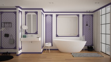 Klasik odada modern beyaz ve mor banyo, duvar pervazları, parke zemin, halı ve aksesuarları ile küvet, minimalist lavabo ve dekorlar, kolye lambaları. İç tasarım konsepti
