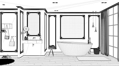 Plan proje taslağı, klasik odada minimalist banyo, duvar kalıpları, parke zemin, halı ve aksesuarları ile küvet, lavabo ve dekorlar, modern mimari konsept fikir