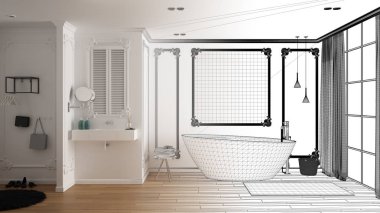 Mimar iç tasarımcı konsepti: gerçek olur bitmemiş proje, klasik odada minimalist banyo, duvar kalıpları, parke zemin, küvet ve lavabo, modern iç tasarım