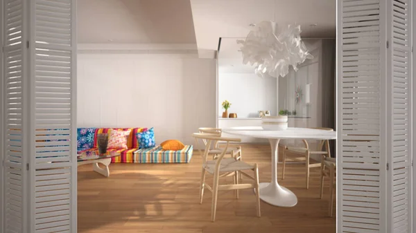 白色折叠门打开现代彩色客厅与木制细节和镶木地板，白色室内设计，建筑师设计师概念，模糊背景 — 图库照片
