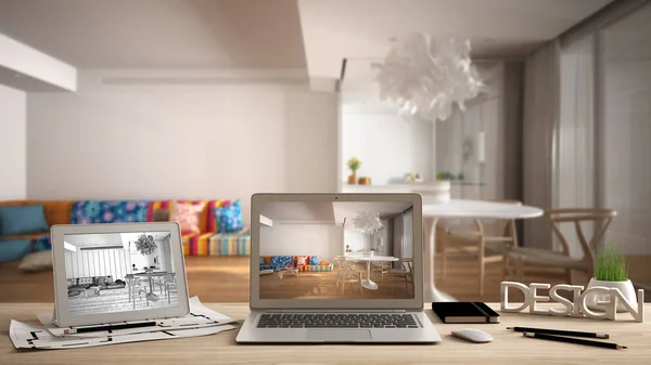 Arquiteto designer de desktop conceito, laptop e tablet em mesa de madeira com tela mostrando projeto de design de interiores e esboço CAD, esboço borrado no fundo, sala de estar moderna — Fotografia de Stock