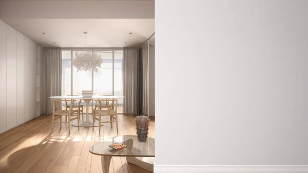 Modernes weißes und hölzernes Wohnzimmer mit Esstisch an einer Vordergrundwand, Innenarchitektur-Idee, Konzept mit Kopierraum, leerer Hintergrund — Stockfoto