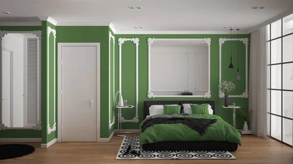 Dormitorio moderno de color verde en habitación clásica con molduras de pared, parquet, cama doble con edredón y almohadas, mesitas de noche minimalistas, espejo y decoraciones. Concepto de diseño interior —  Fotos de Stock