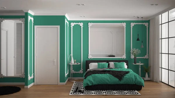 Nowoczesna turkus kolorowa sypialnia w klasycznym pokoju z Listwy ścienne, parkiet, podwójne łóżko z kołdrą i poduszkami, Minimalistyczne szafki nocne, lustro i dekory. Koncepcja wystroju wnętrz — Zdjęcie stockowe
