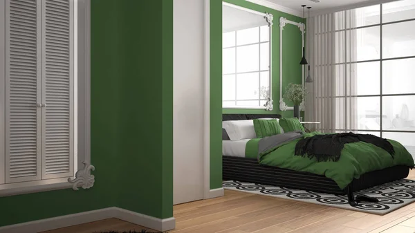 Dormitorio moderno de color verde en habitación clásica con molduras de pared, parquet, cama doble con edredón y almohadas, mesitas de noche minimalistas, espejo y decoraciones. Concepto de diseño interior —  Fotos de Stock