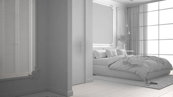 Полный белый проект проекта современной спальни в классическом номере с настенными лепнинами, паркетом, двуспальной кроватью с одеялом и подушками, зеркалом и декором, концепция дизайна интерьера — стоковое фото
