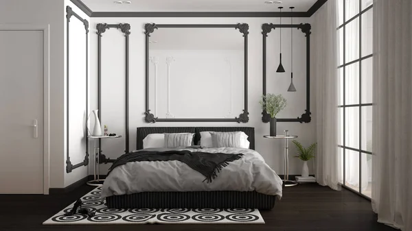 Duvar pervazları, parke, yorgan ve yastık, minimalist başucu masaları, ayna ve dekorlar ile klasik odada Modern beyaz ve gri yatak odası. İç tasarım konsepti — Stok fotoğraf
