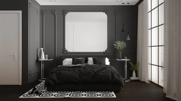 Quarto cinza moderno em quarto clássico com molduras de parede, piso em parquet, cama de casal com edredão e travesseiros, mesas de cabeceira minimalistas, espelho e decorações. Conceito de design de interiores — Fotografia de Stock