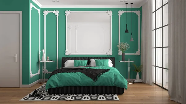 Modern türkiz színű hálószoba klasszikus szoba fali díszlécek, parketta, franciaágy a paplan és párnák, minimalista éjjeliszekrény, tükör és dekorok. Belsőépítészeti koncepció — Stock Fotó